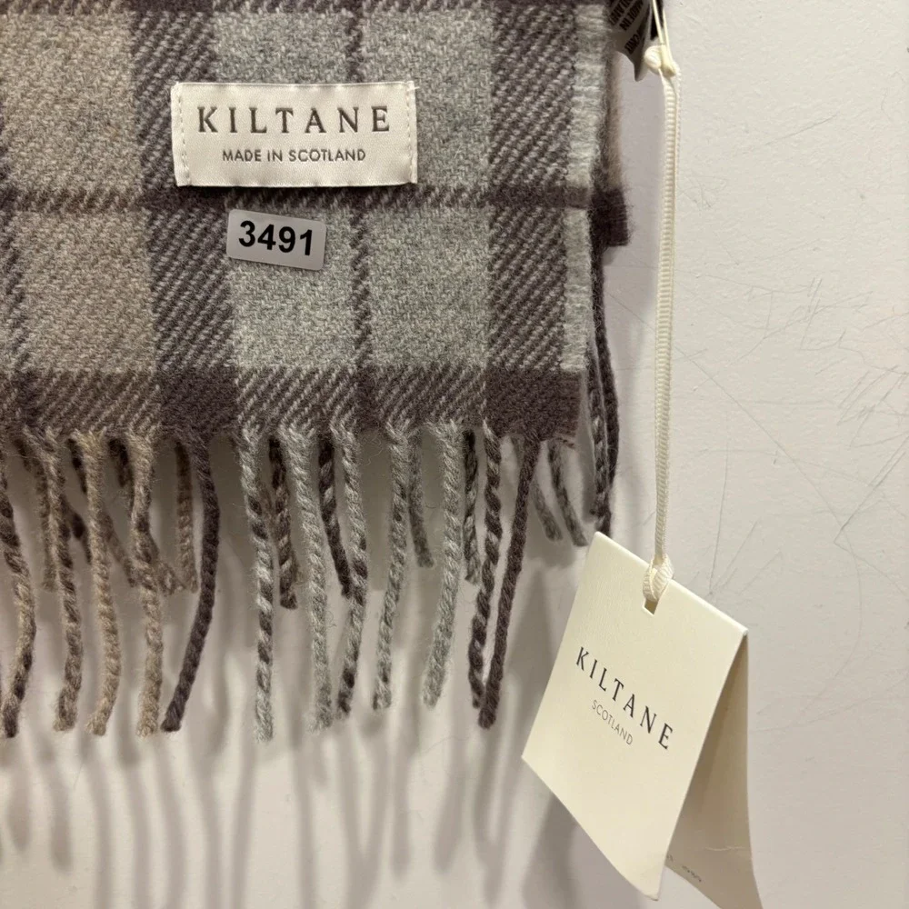 Kiltane Scotland Lambswool Scarf Neutral Aurora Classic Check Plaid Grey Brown